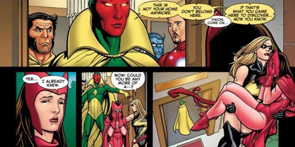 Vision tells Scarlet Witch to leave while the rest of the characters watch in the comics