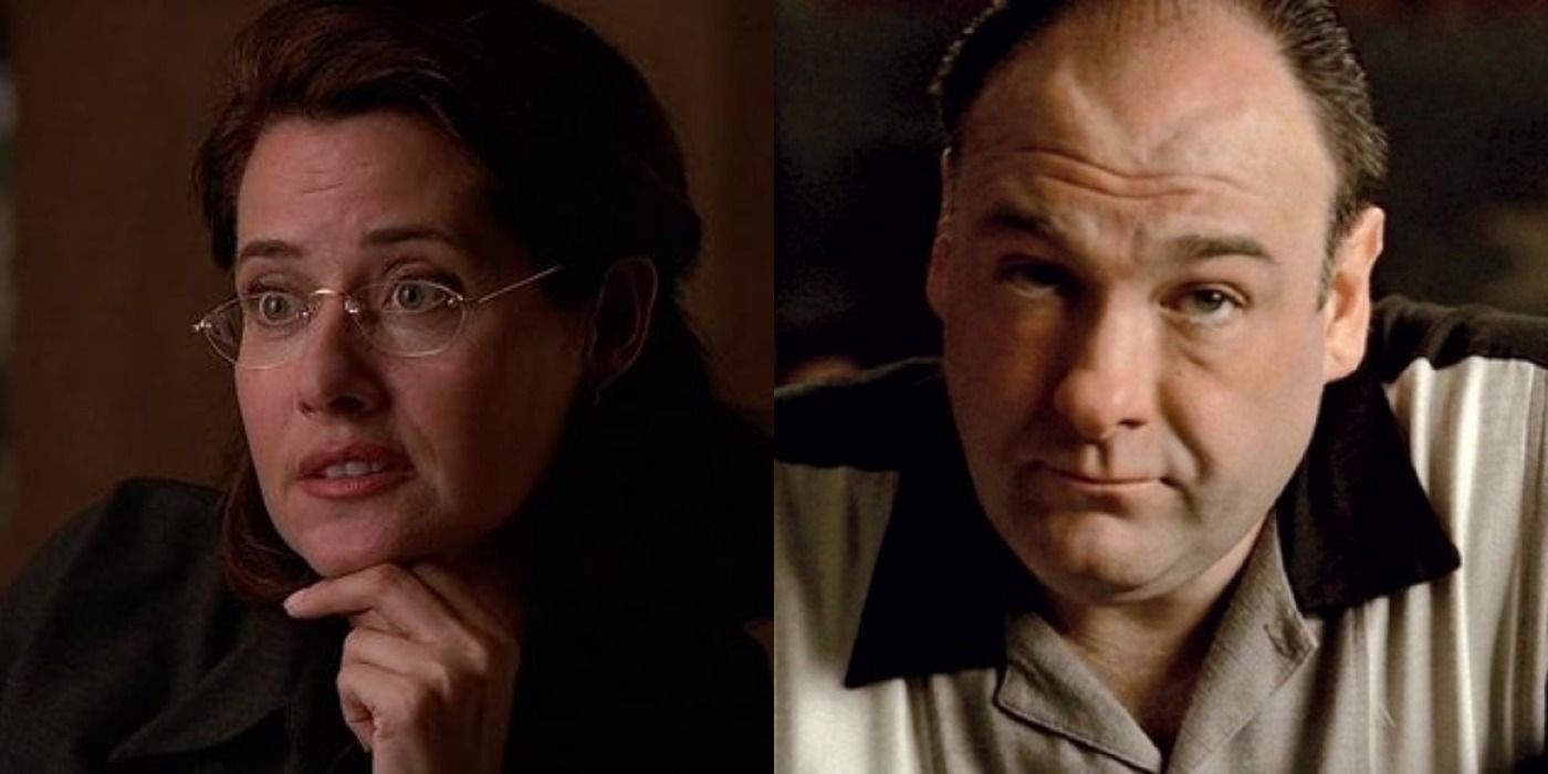 Dr. Jennifer Melfi and Tony Soprano in two side by side images from The Sopranos.