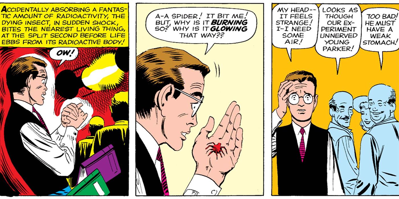 Peter Parker (Spider-Man) being bit by a spider in Amazing Fantasy #15.
