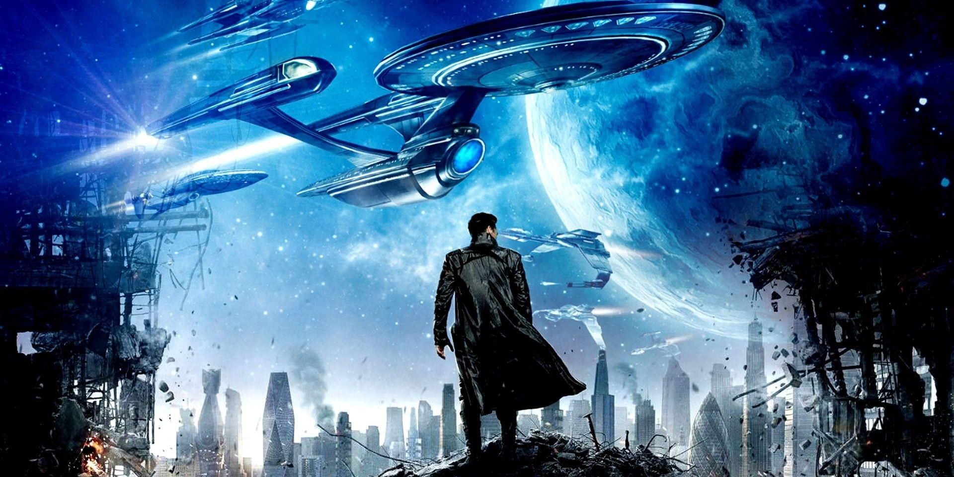 Star Trek man wearing black coat standing on rubbles with the USS Enterprise flying in background