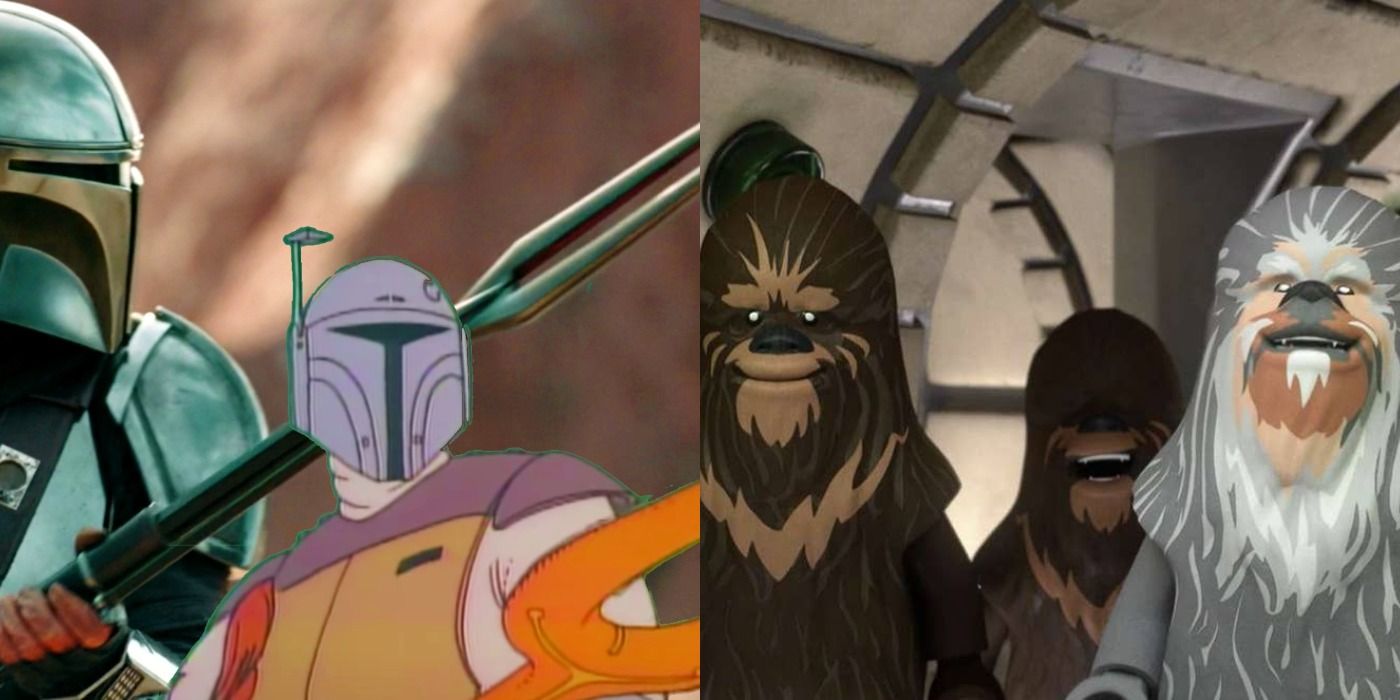 Boba Fett from the Star Wars Holiday Special with Din Djarin, and Chewbacca's family from the LEGO Star Wars holiday special