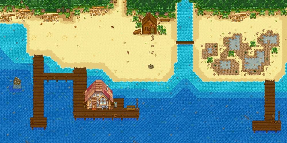 The beach area in Stardew Valley.