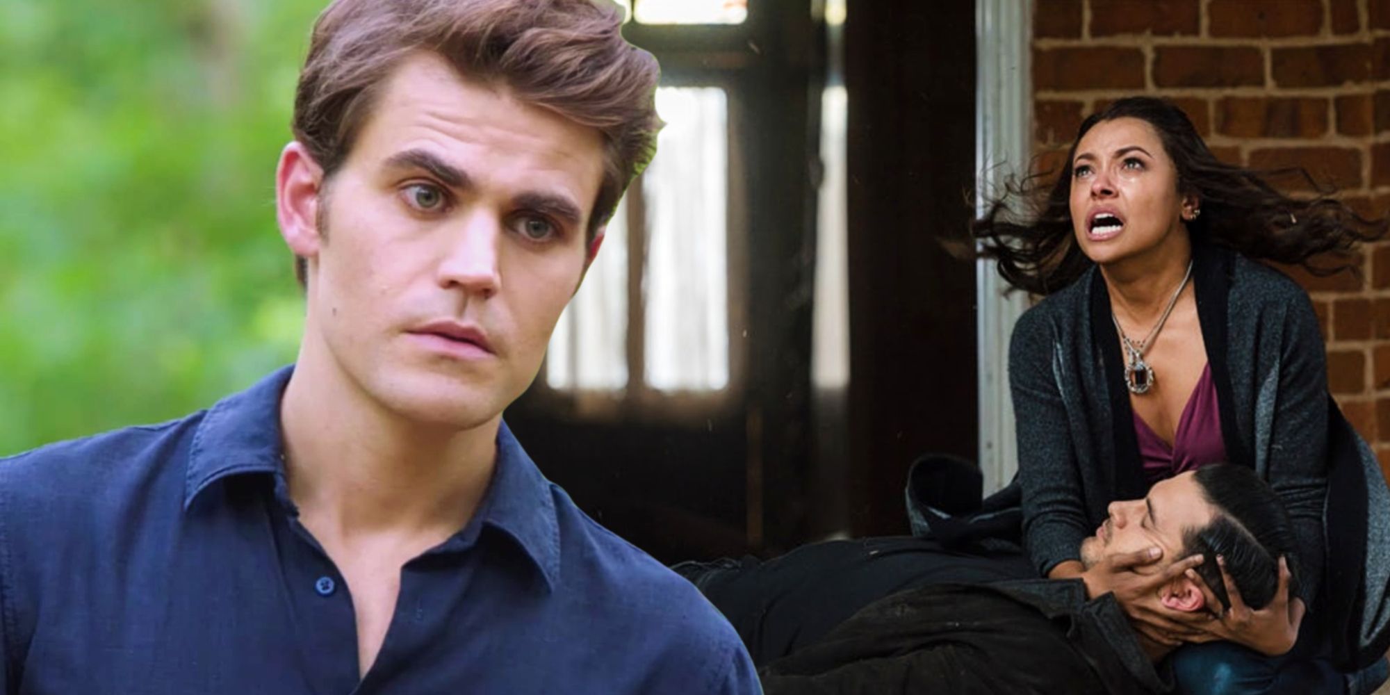 Blended image of Stefan looking and Enzo lying dead while Bonnie holds him in The Vampire Diaries