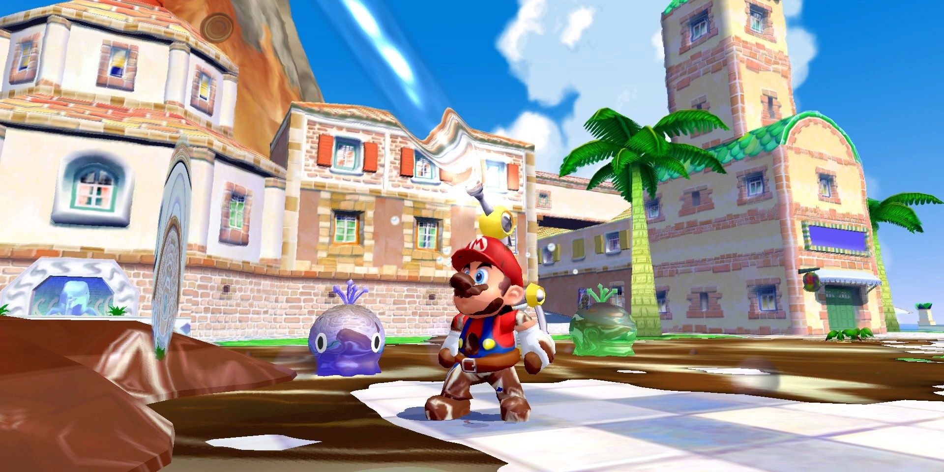 Mario cleaning Isle Delfino in Super Mario Sunshine 