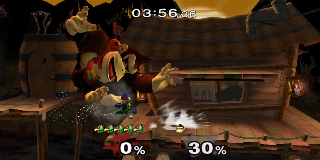 Falco kicking Donkey Kong in Super Smash Bros. Melee 