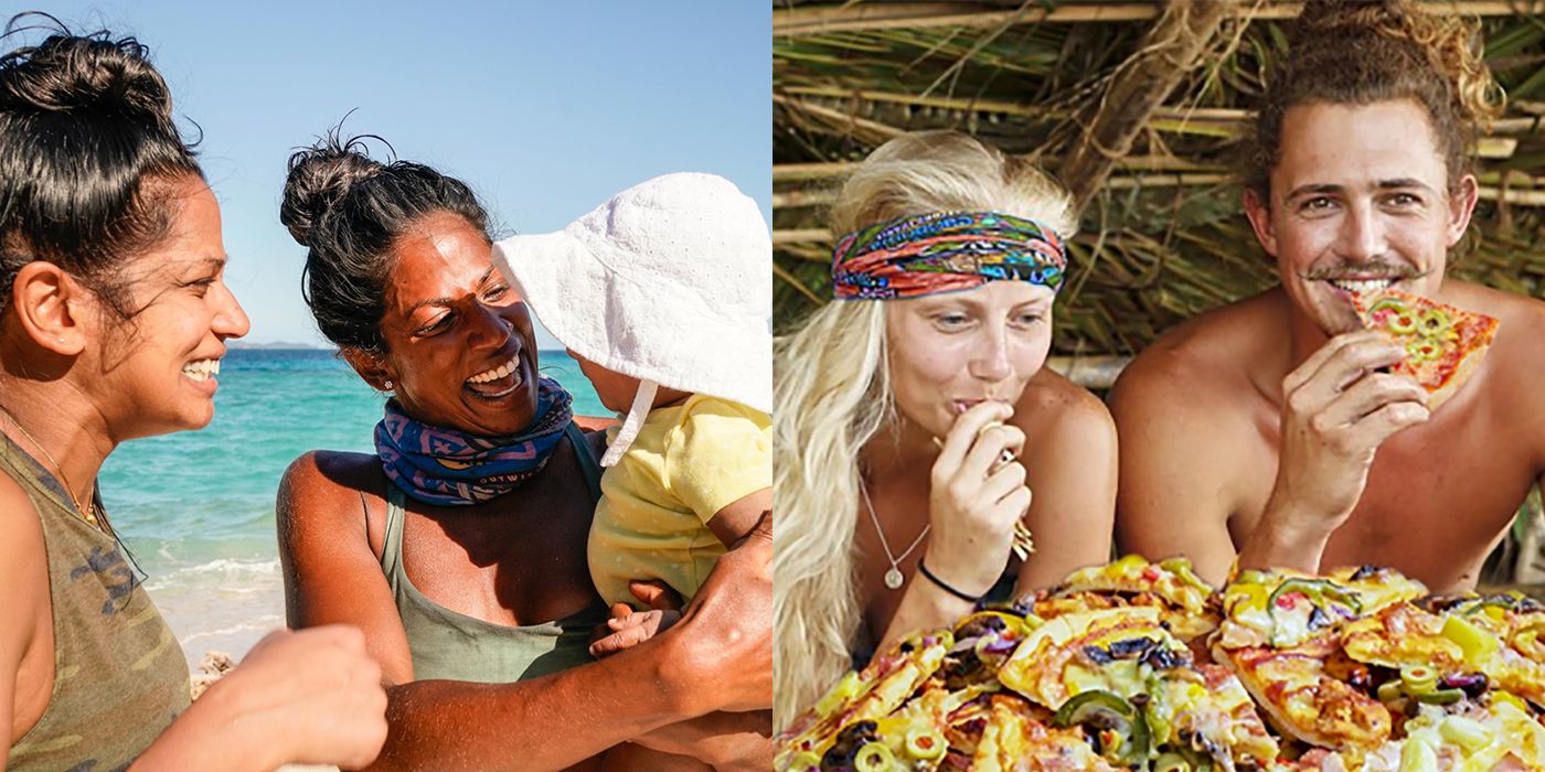 survivor split image of family and people eating