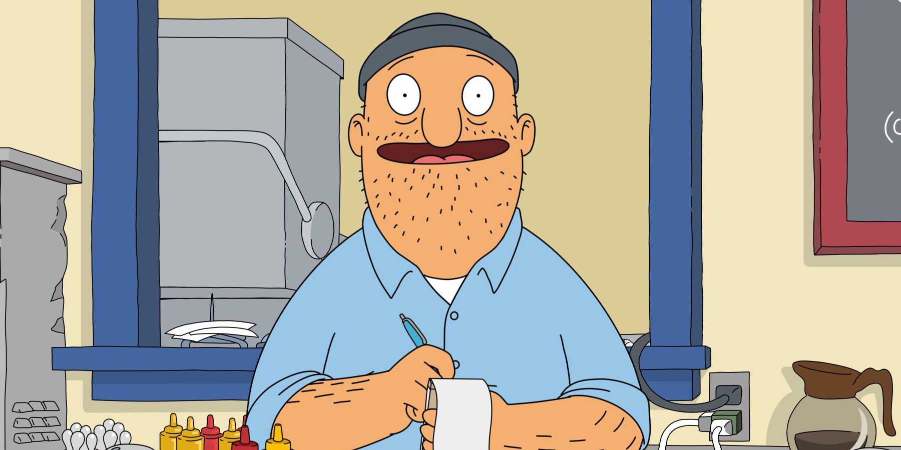 Teddy smiling while working at the restaurant in Bob's Burgers