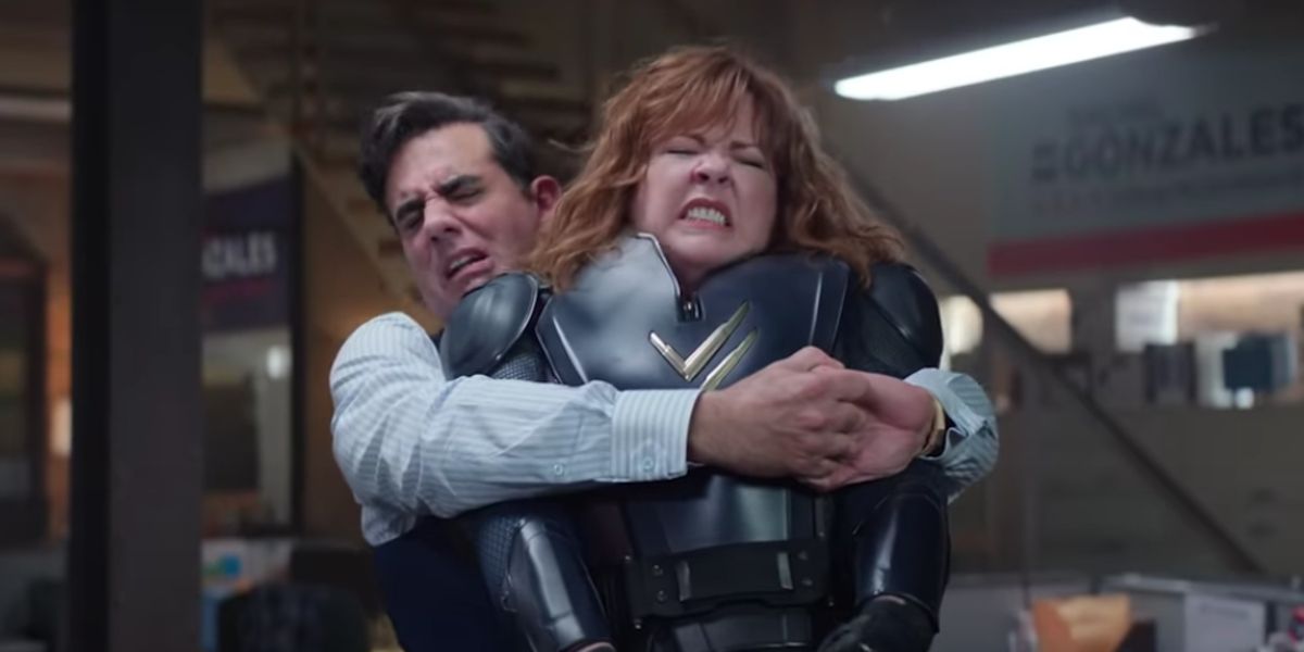 The King fighting Lydia (Bobby Cannavale and Melissa McCarthy) in Thunder Force.