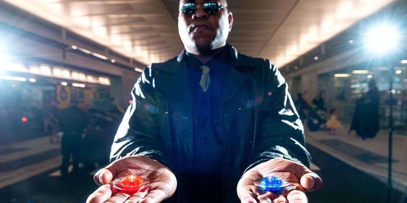 Morpheus with the red and blue pill in each hand