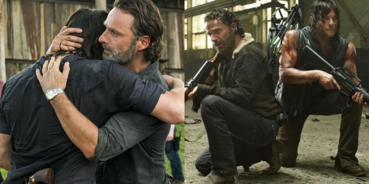 Split image of Rick and Daryl hugging and the two of them holding weapons