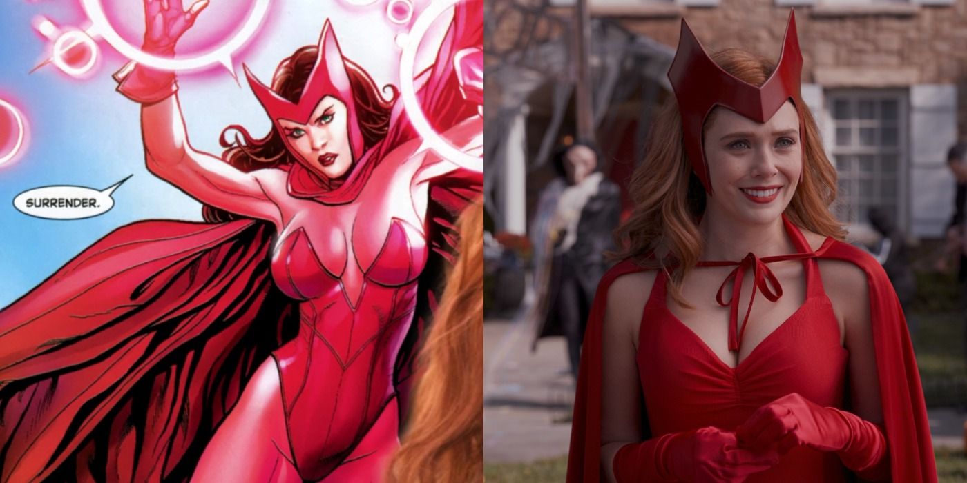 A WandaVision comparison photo that shows Wanda in the comic books and Wanda in the show. In both images, she is wearing an identical red outfit