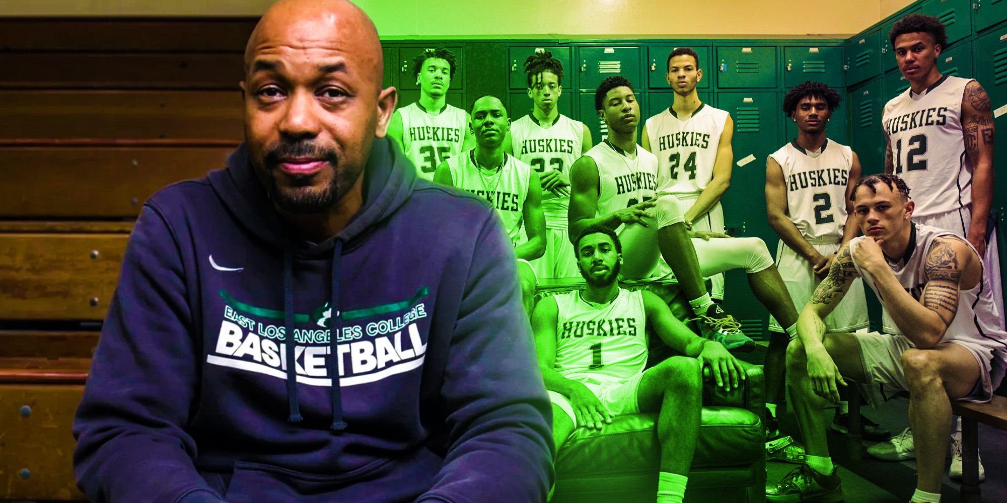  A blended image features Coach Mosley and the basketball team in Last Chance U Basketball