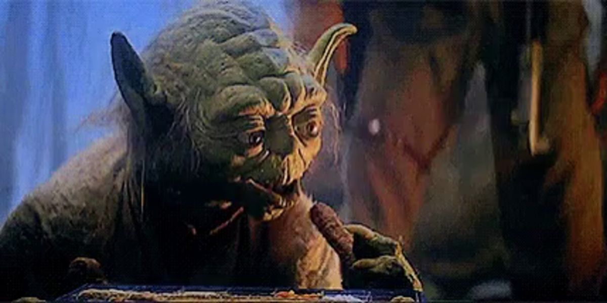 Yoda eating Luke's food when he arrives on Dagobah