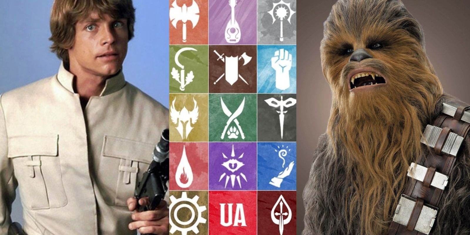 Split image of Luke Skywalker, Dungeons and Dragons classes, and Chewbacca
