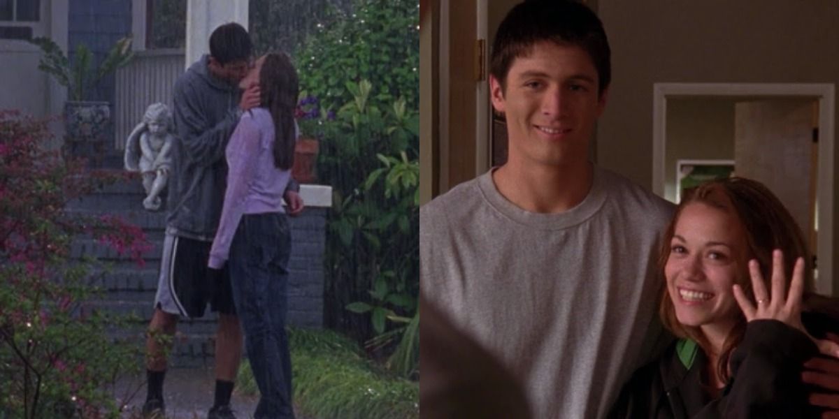 A split image of Nathan and Haley kissing in the rain and Haley showing her wedding ring to Lucas in One Tree Hill