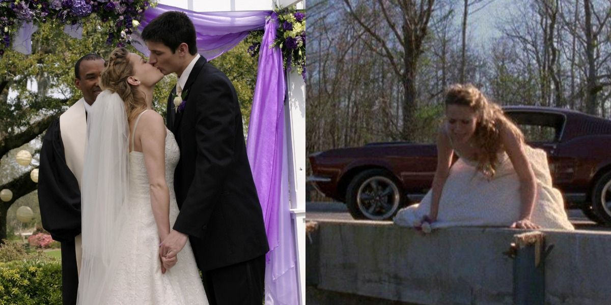 An image of Nathan and Haley's wedding, with Haley crying on the bridge in One Tree Hill