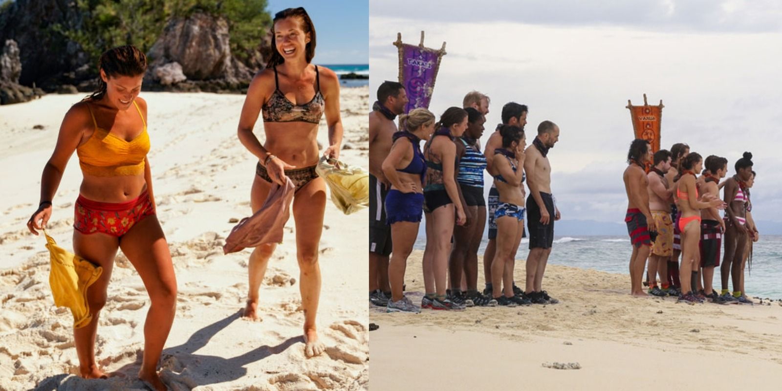 Split image of Survivor players on the beach