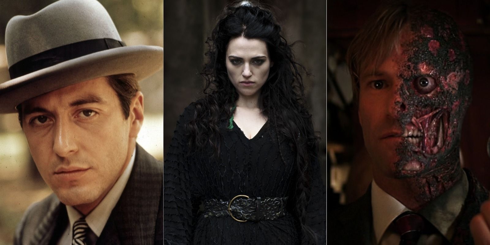 Split image of Michael Corleone, Morgana Pendragon, and Harvey Dent