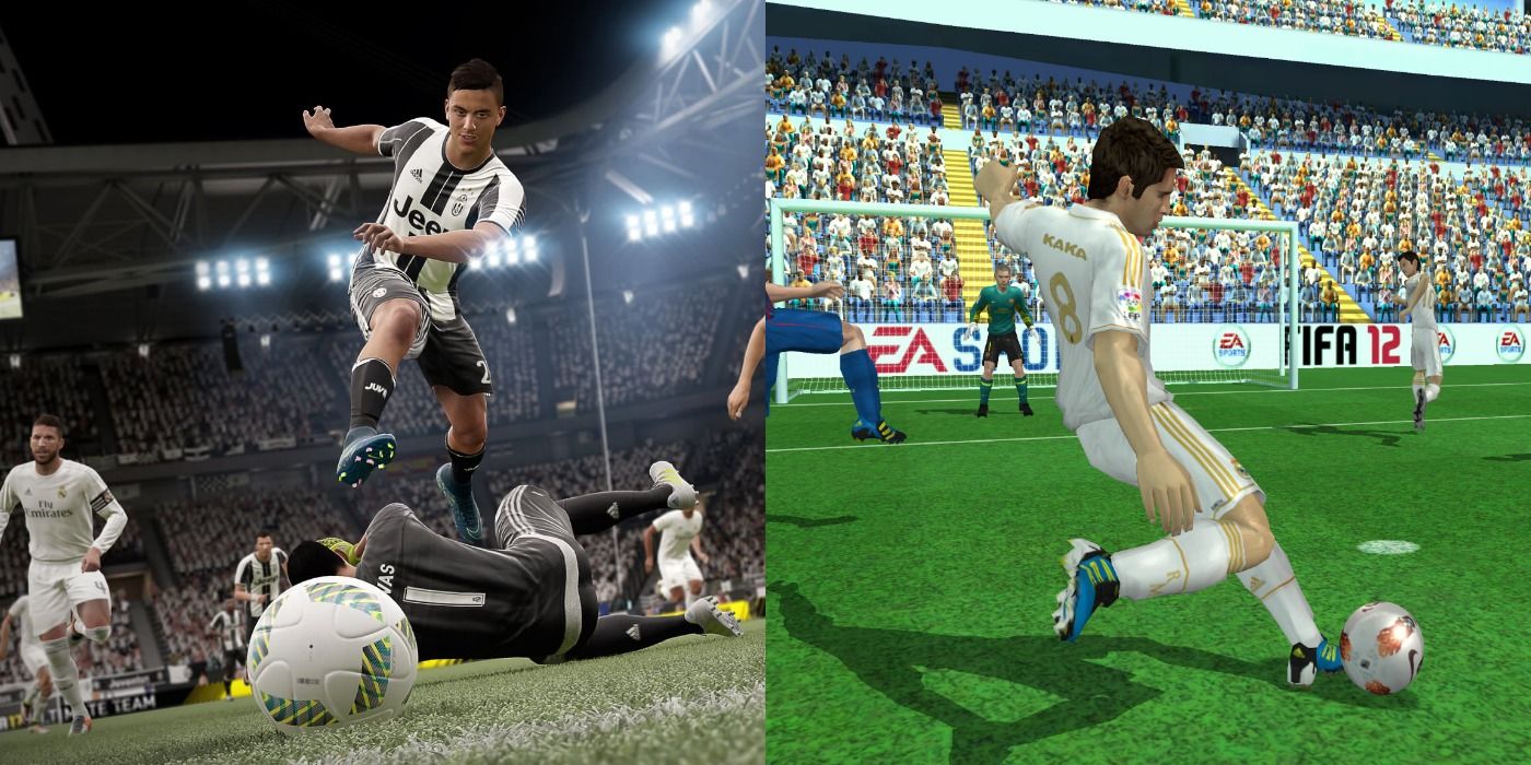 Side by side images of gameplay in FIFA 17 and FIFA 12.