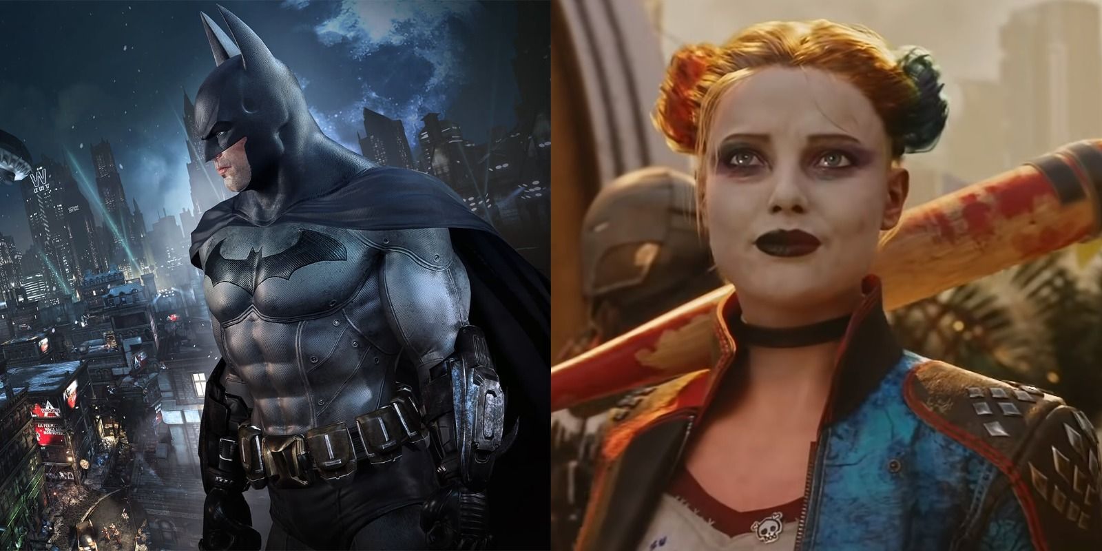 Split image of video game renderings of Batman and Harley Quinn