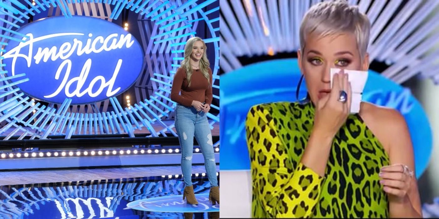 Contestant stands on stage on American Idol Katy Perry cries wearing green shirt