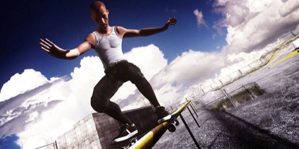 A skater grinds on a rail