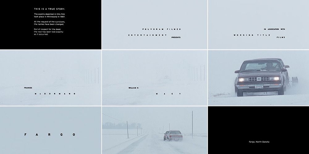 Split images of the car driving through the snow in Fargo’s opening credits
