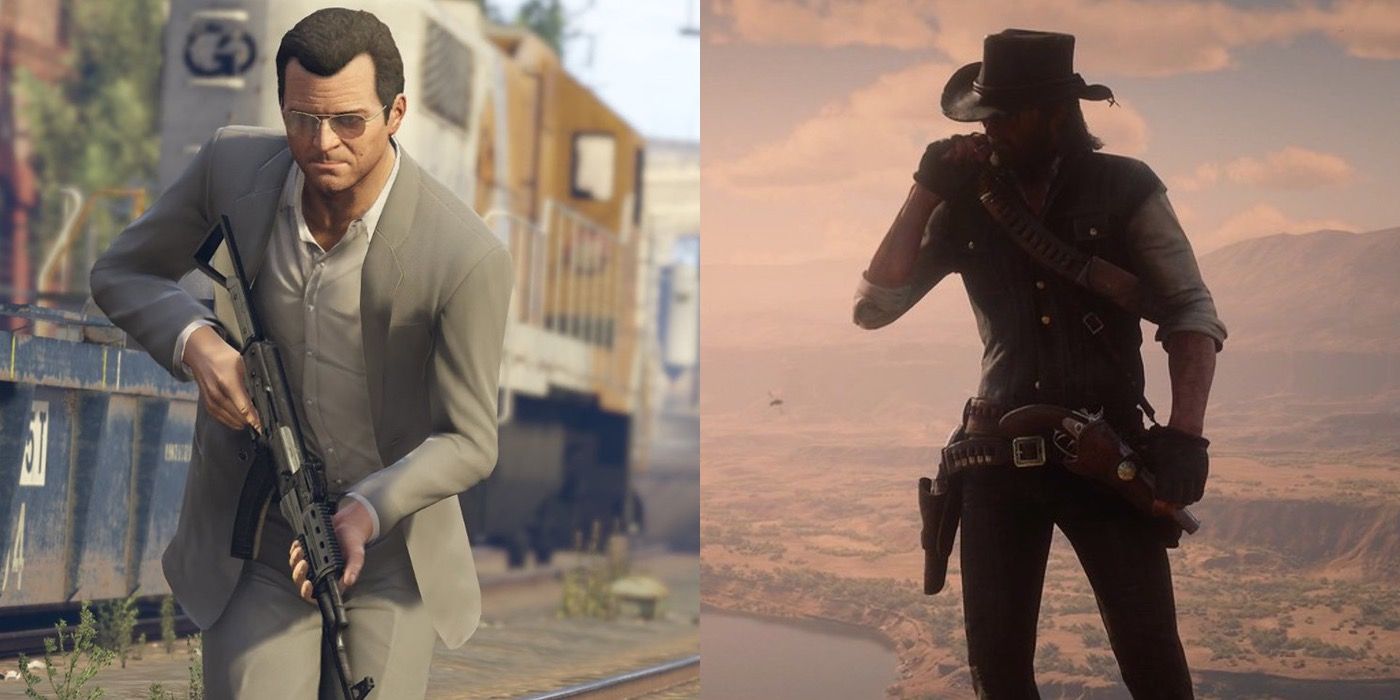 Split image of Michael from Grand Theft Auto and John Marston from Red Dead Redemption