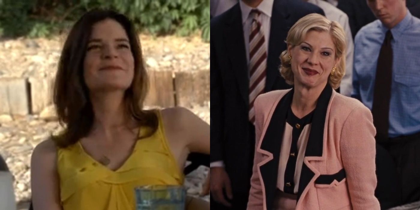 Split image of Marie and Stephanie Kurtzuba in The Wolf of Wall Street