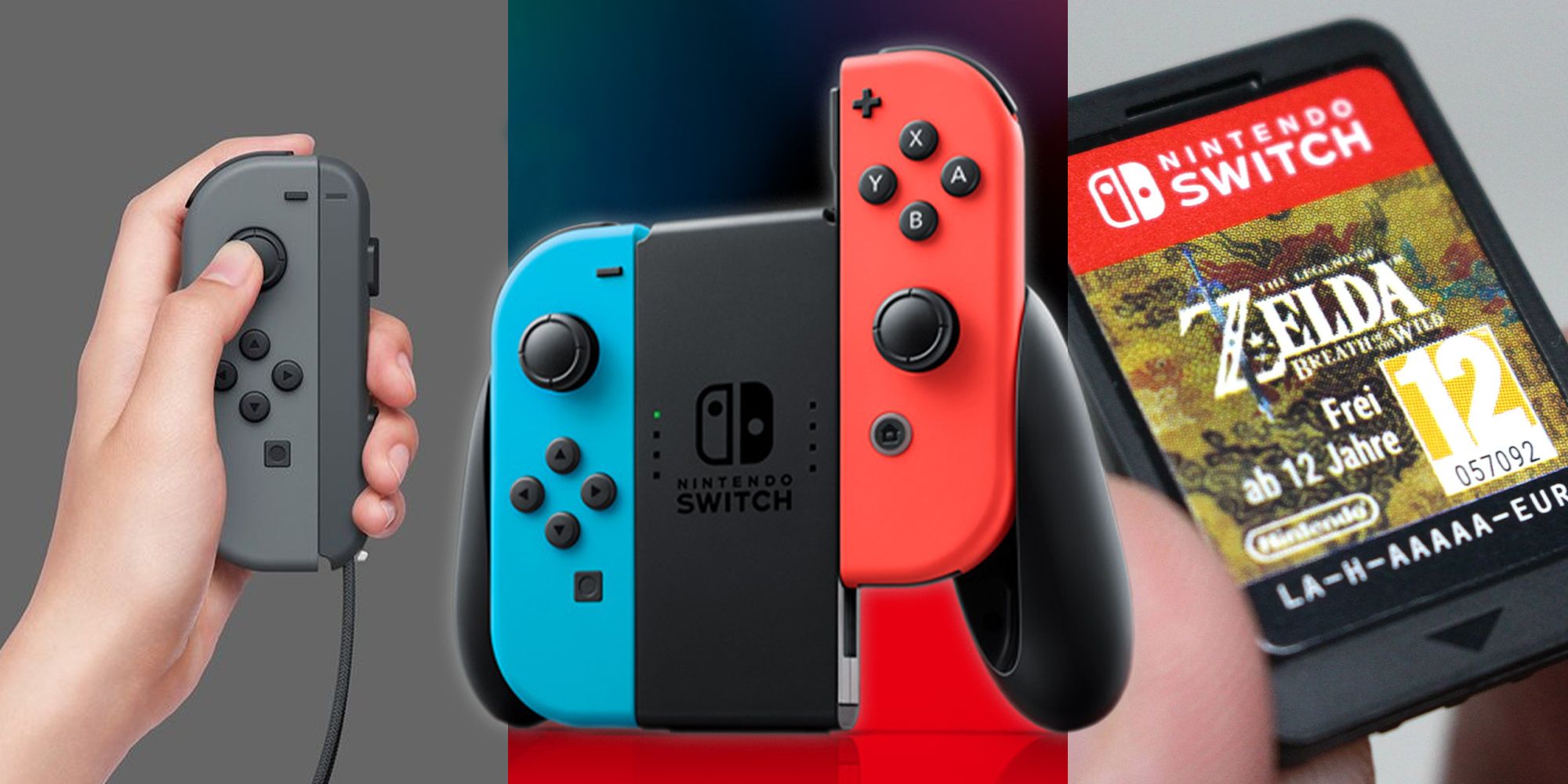Split image of a Switch controller, Switch, and Zelda cartridge