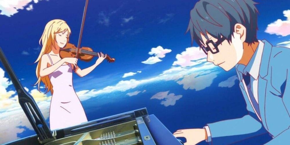 Kaori playing the violin and Kosei playing piano.