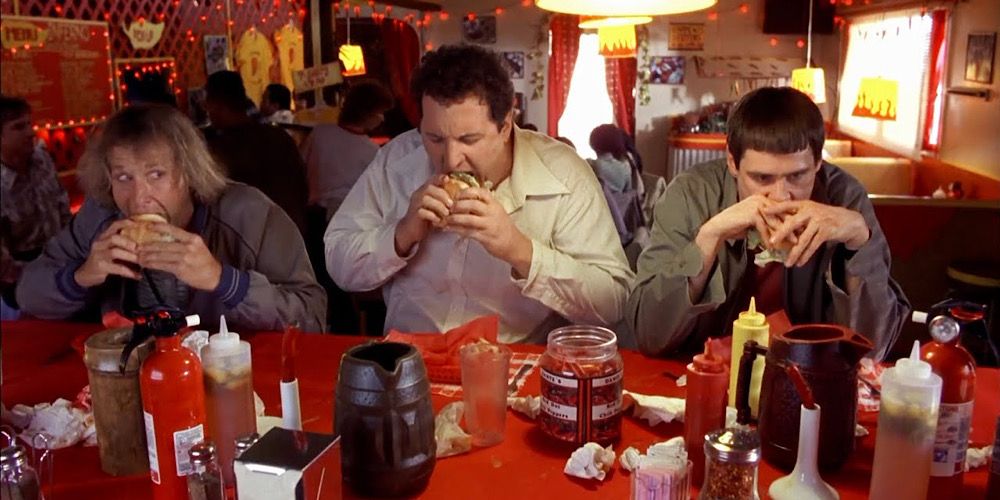 Lloyd, Harry, and Joe eat burger in Dumb and Dumber