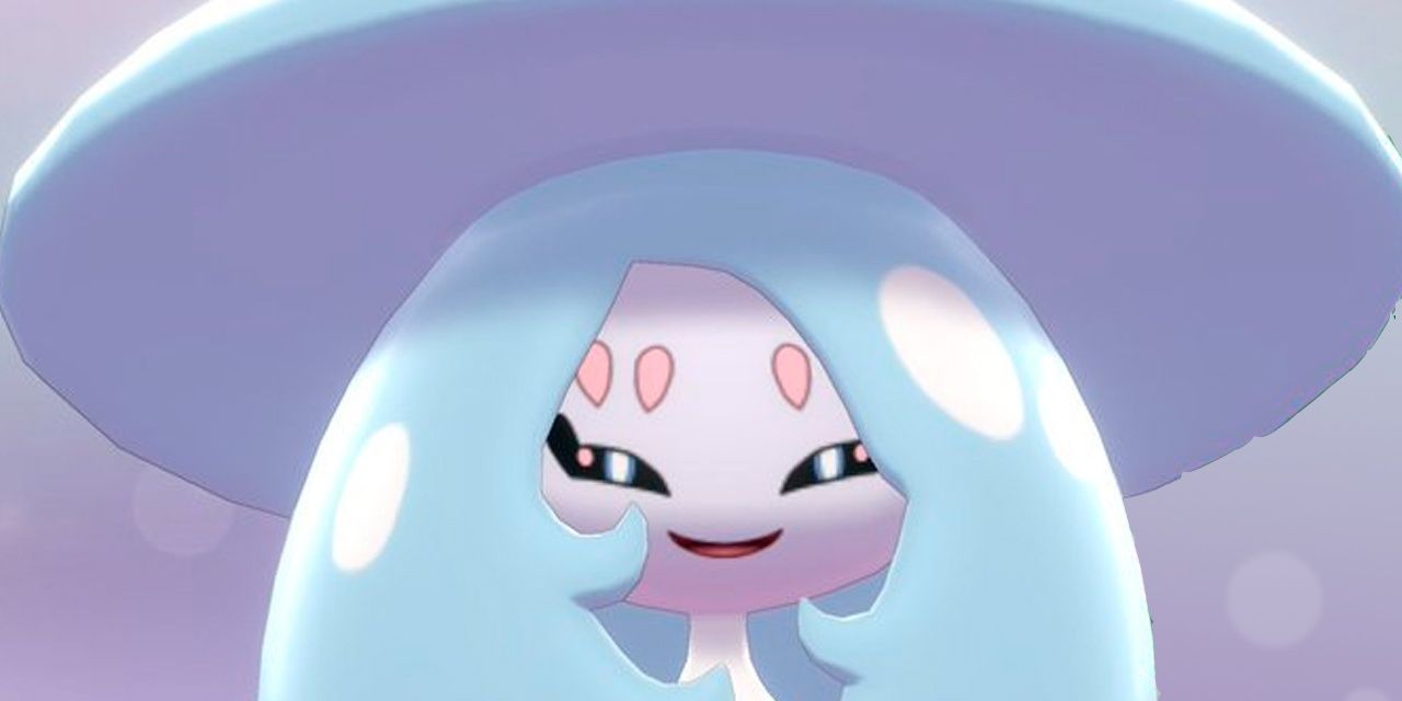 A close-up of a smiling Hatterene in Pokemon Sword &amp; Shield