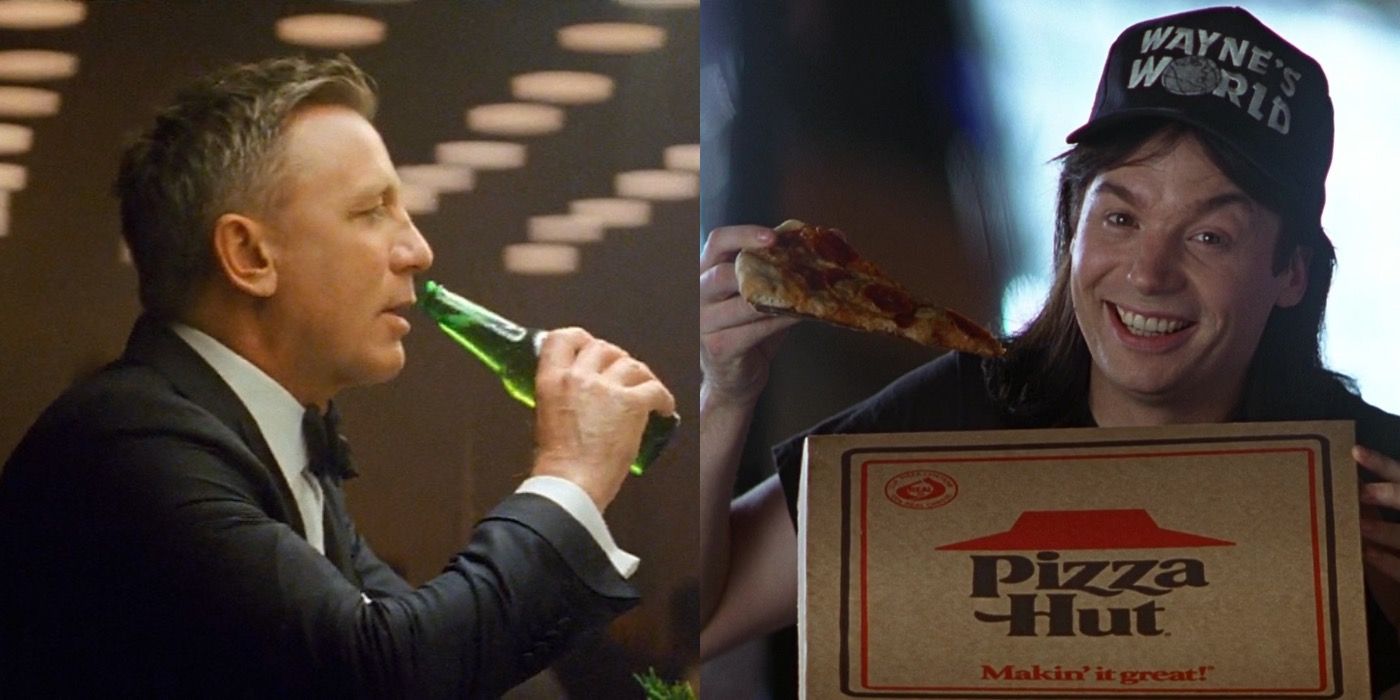 Split image of James Bond drinking a beer and Wayne from Wayne's World holding Pizza Hut