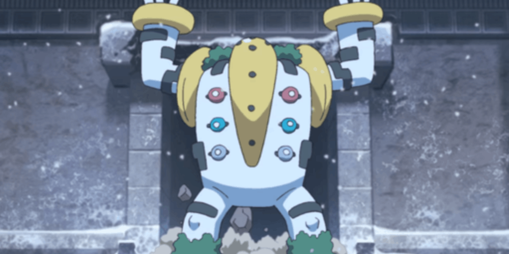 Regigigas with his arms up in Pokemon