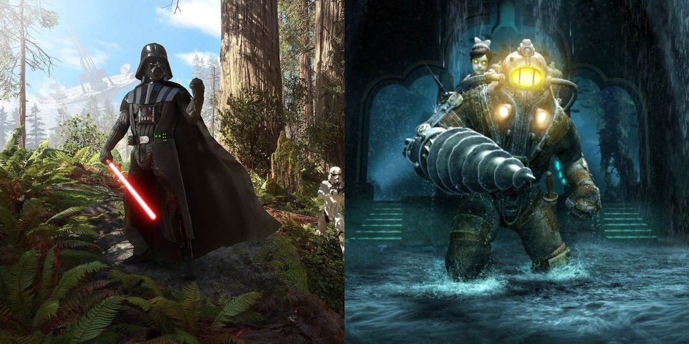 Split image of Darth Vader in Star Wars Battlefront 2 and Big Daddy in Bioshock