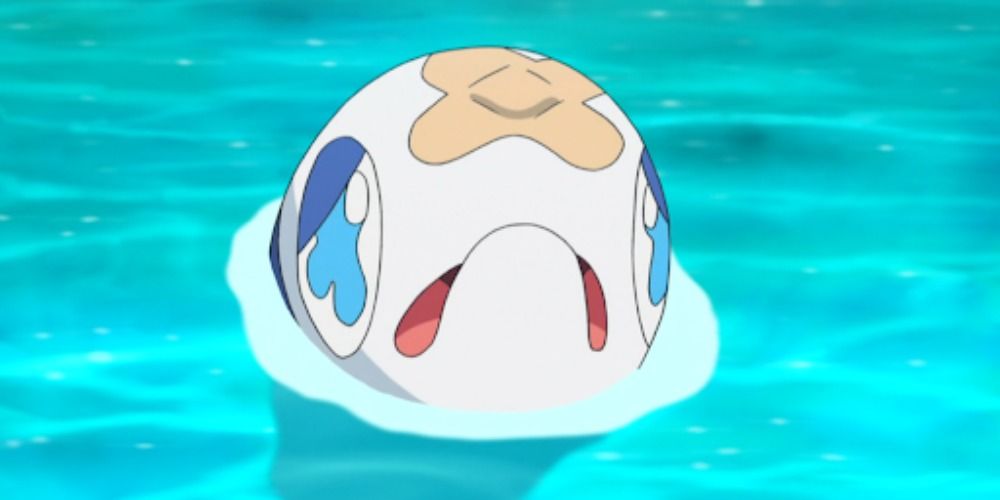 A Wishiwashi poking its head out of the water in Pokemon