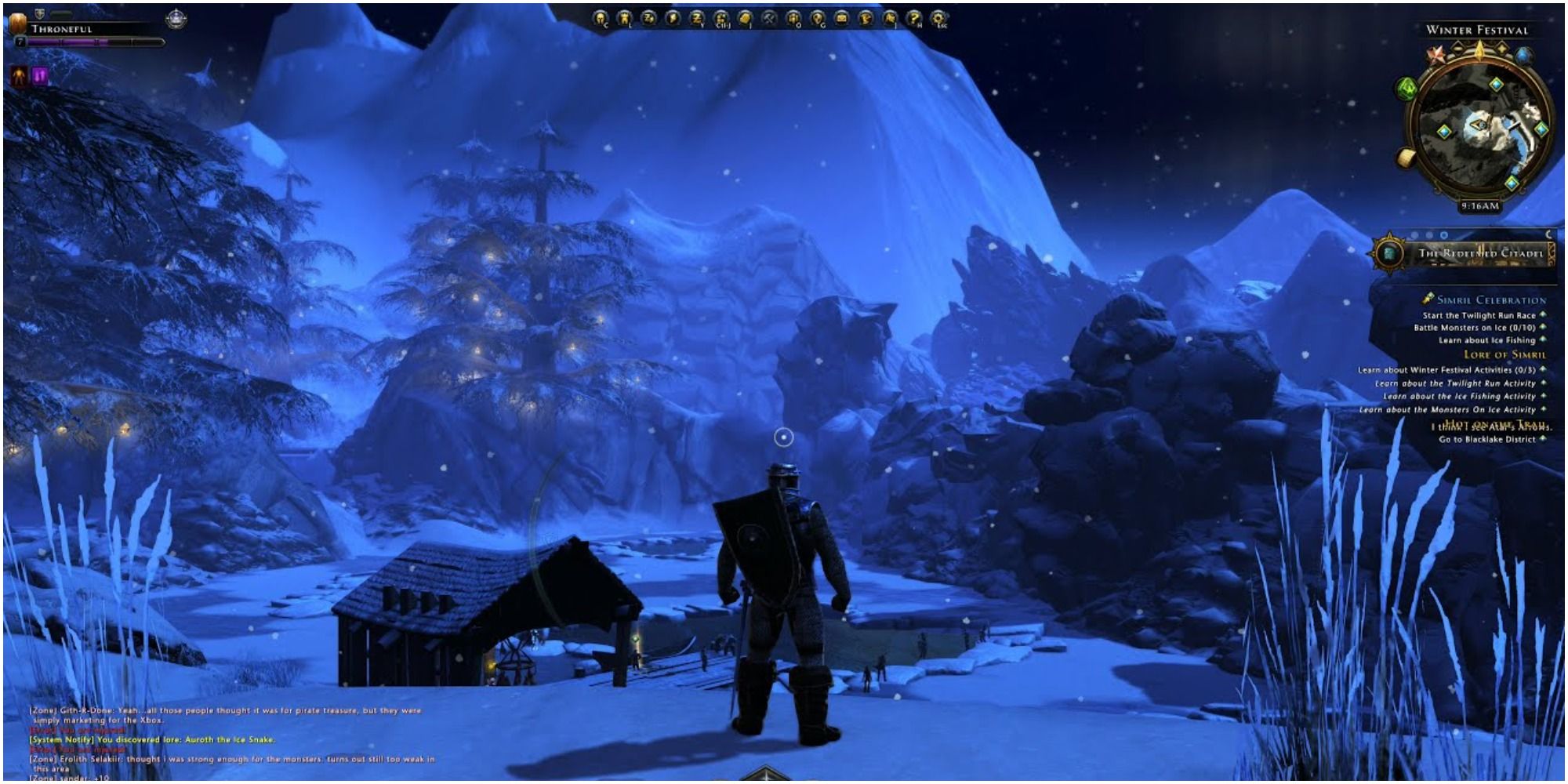 A player standing on a snowy hill in the Neverwinter videogame