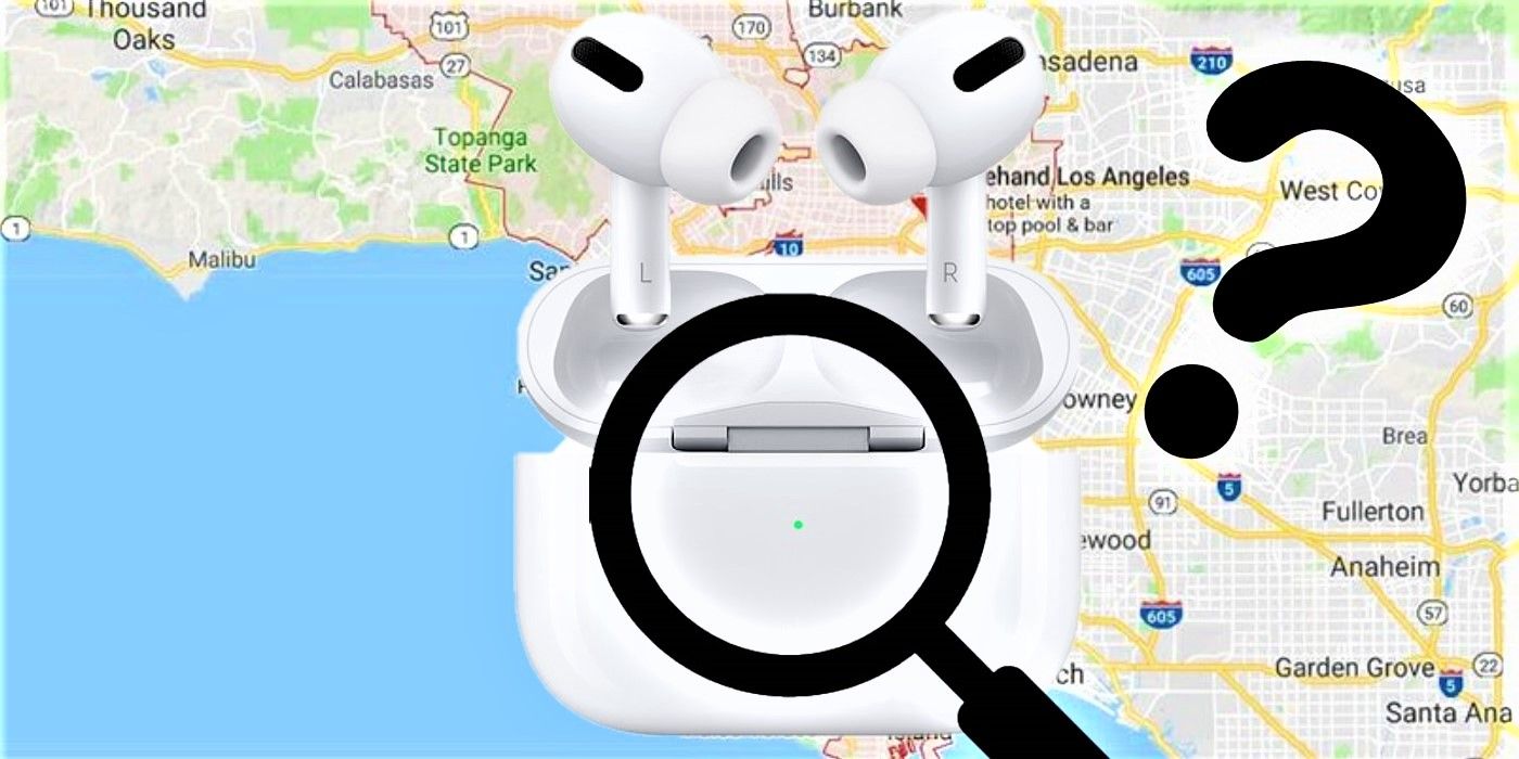 AirPods Pro with case magnifying glass and question mark over Google maps