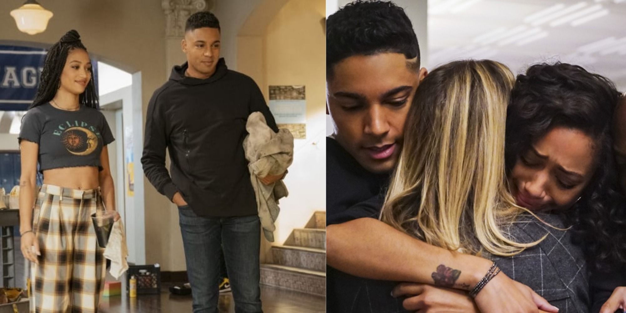 Split image of Jordan and Olivia walking and the Baker family hugging in All American