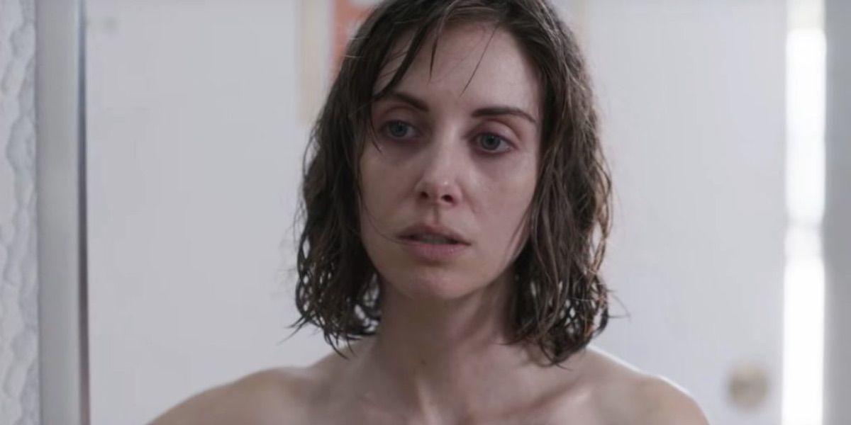 Alison Brie looking pale in Horse Girl