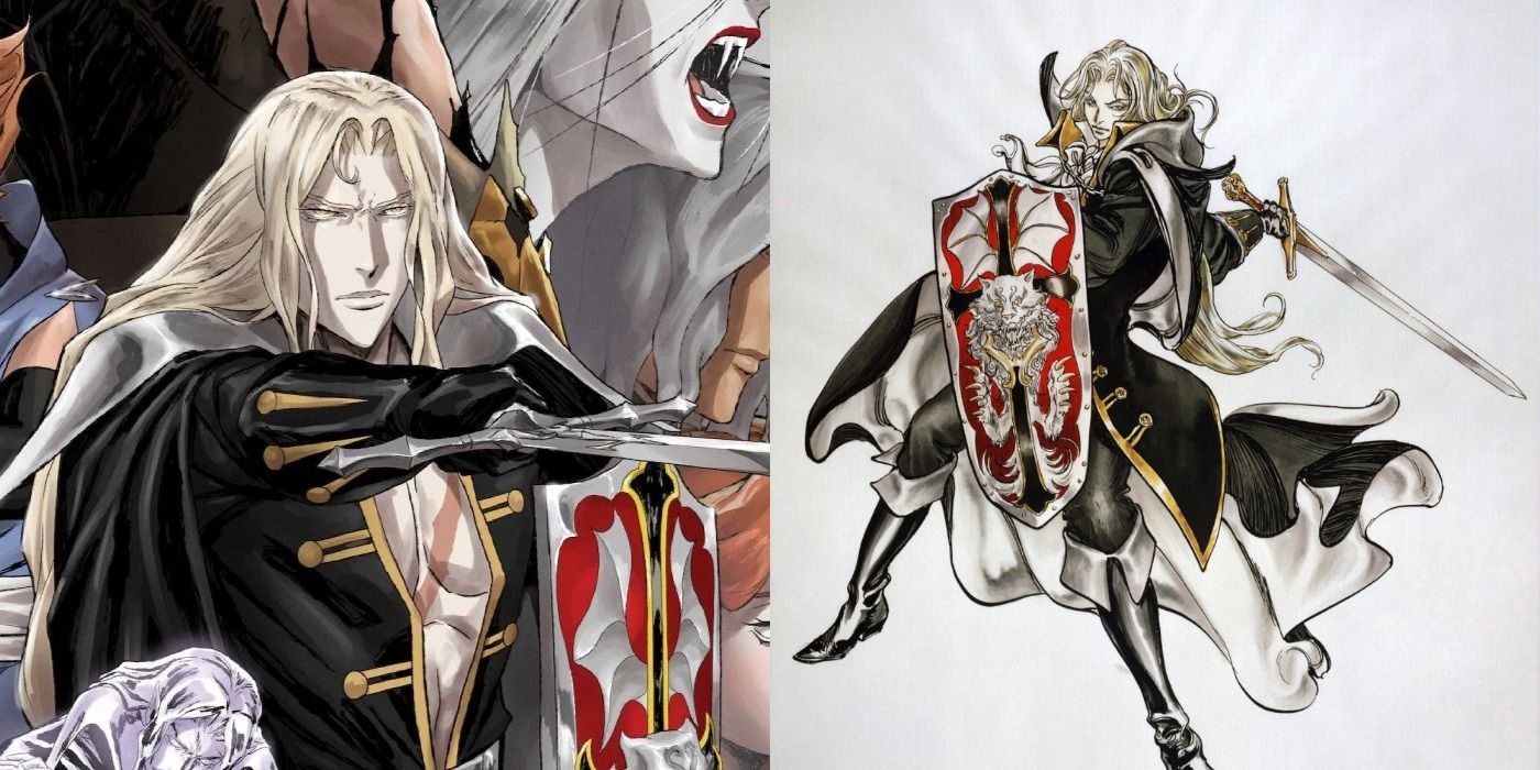 Alucard in the season 4 poster with his shield, and concept art of him from Symphony of the Night
