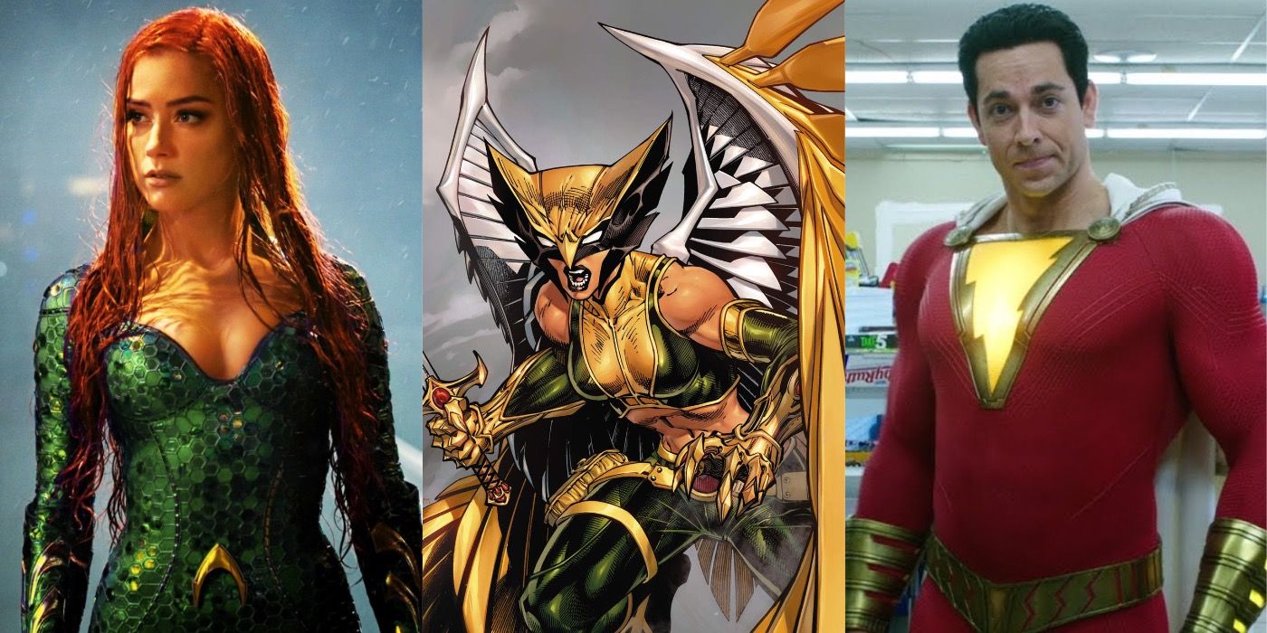 Mera from the DCEU, Hawkgirl from DC comics, and Shazam from the DCEU collage