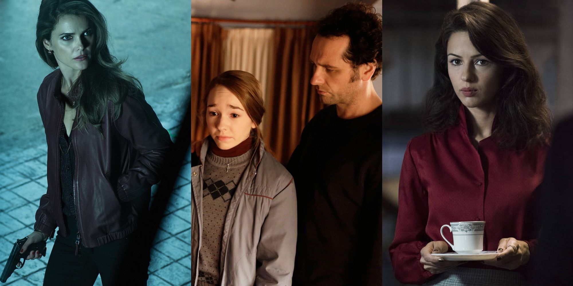 Split image of Elizabeth with a gun, Philip consoling Paige, and Nina from The Americans