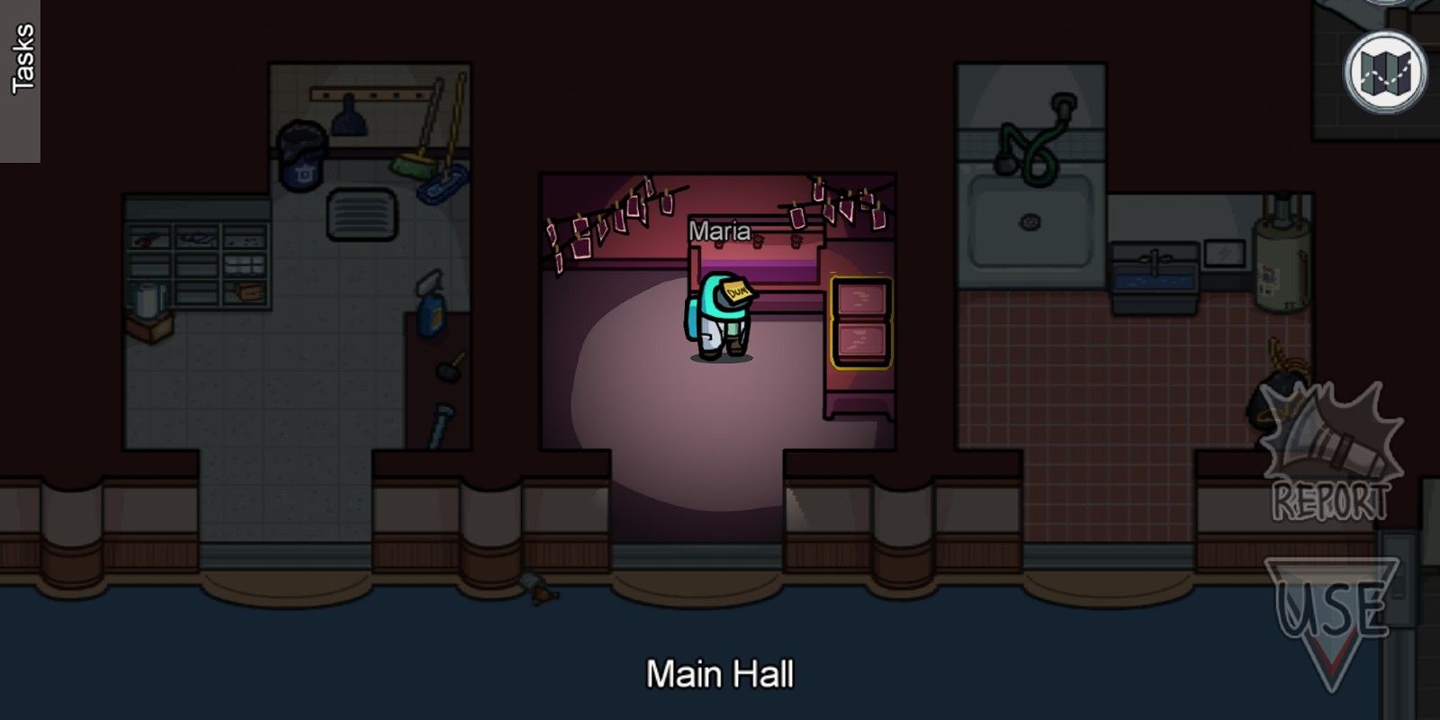 A player enters the dark room in the Main Hall of the Airship in Among Us