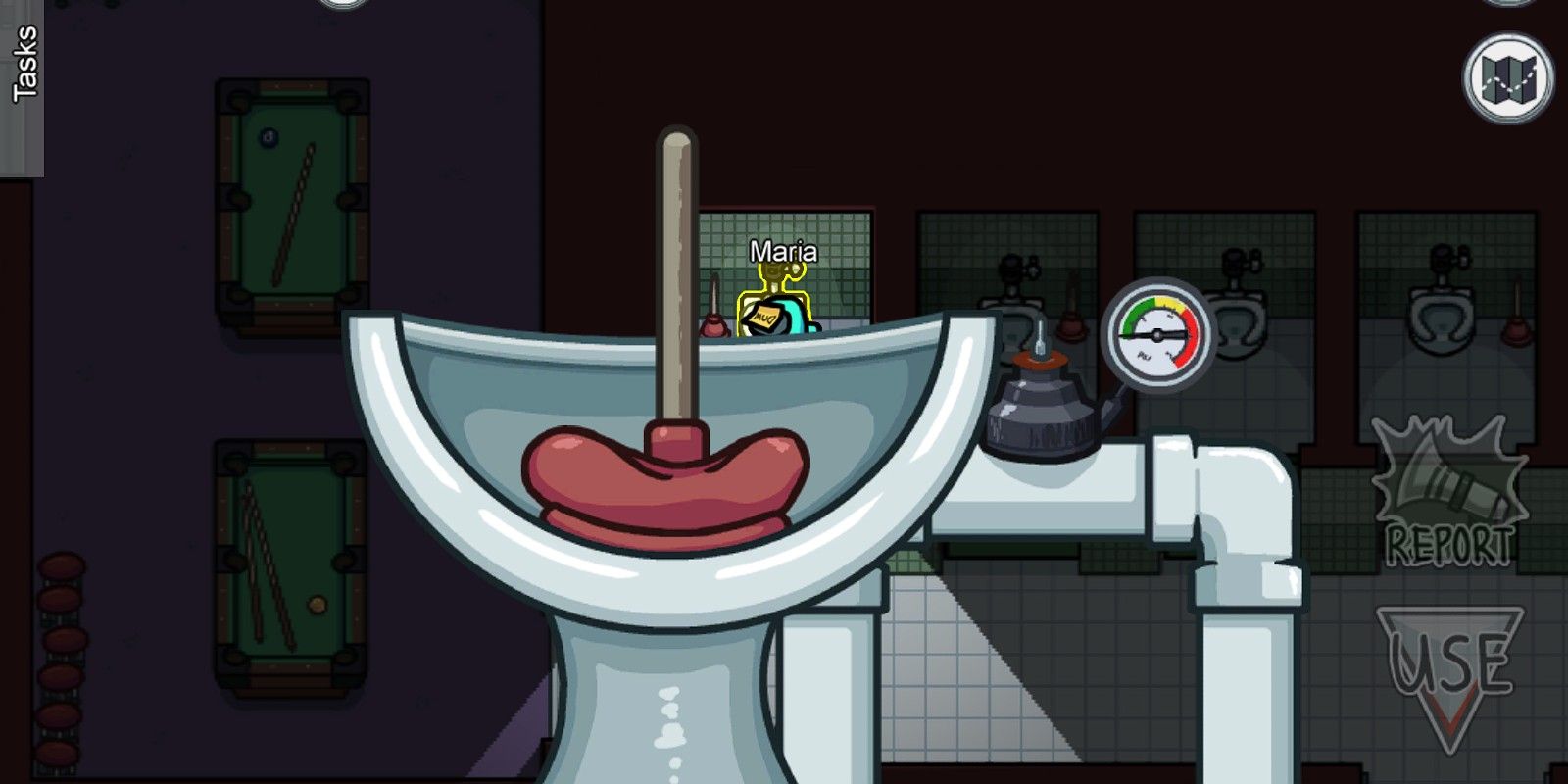 A player plunges the toilet in Among Us