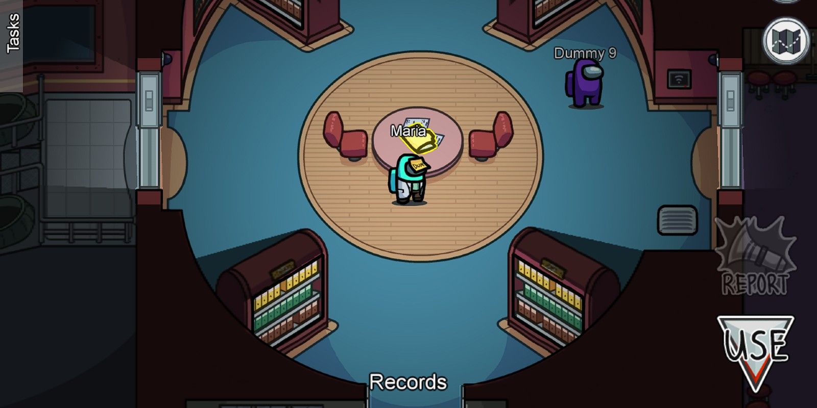 A player opens the Sort Records task on the table of the Records room on the Airship in Among Us
