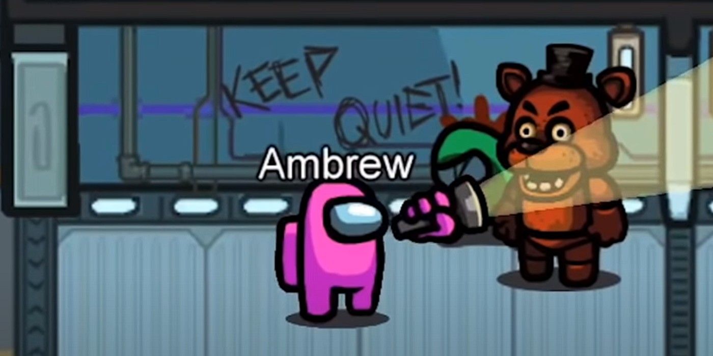 Crewmate Ambrew notices Freddy in the Among Us Five Nights at Freddy's mod.