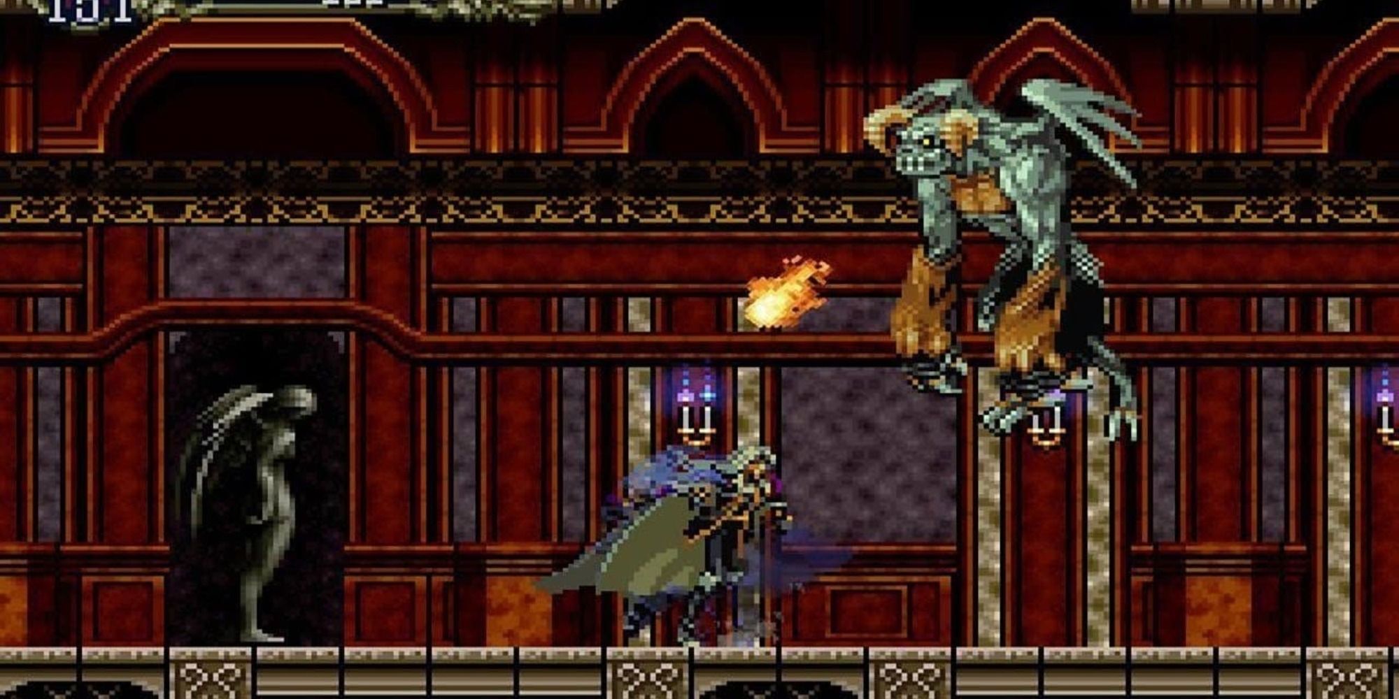 Een afbeelding van Alucard die vecht tegen een waterspuwerachtig wezen in Castlevania Symphony of the Night