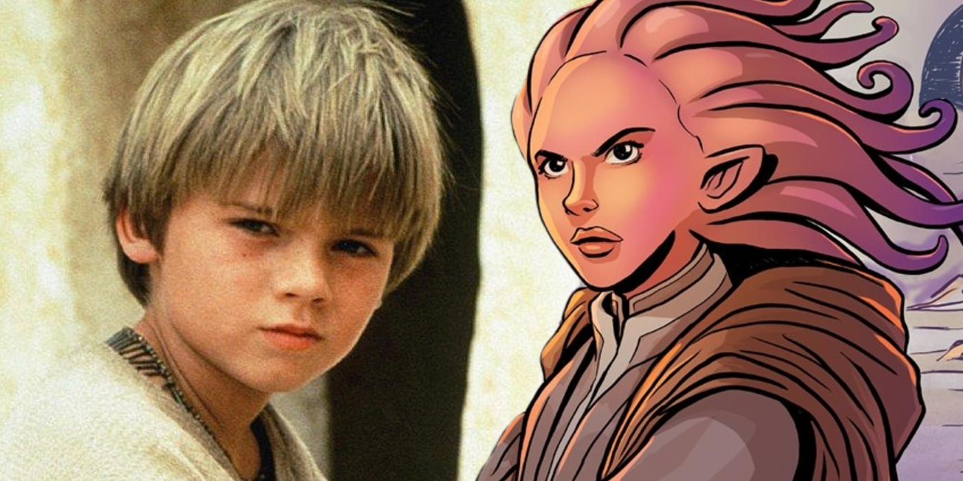Split image of a young Anakin Skywalker from The Phantom Menace and Zeena from The High Republic comics.